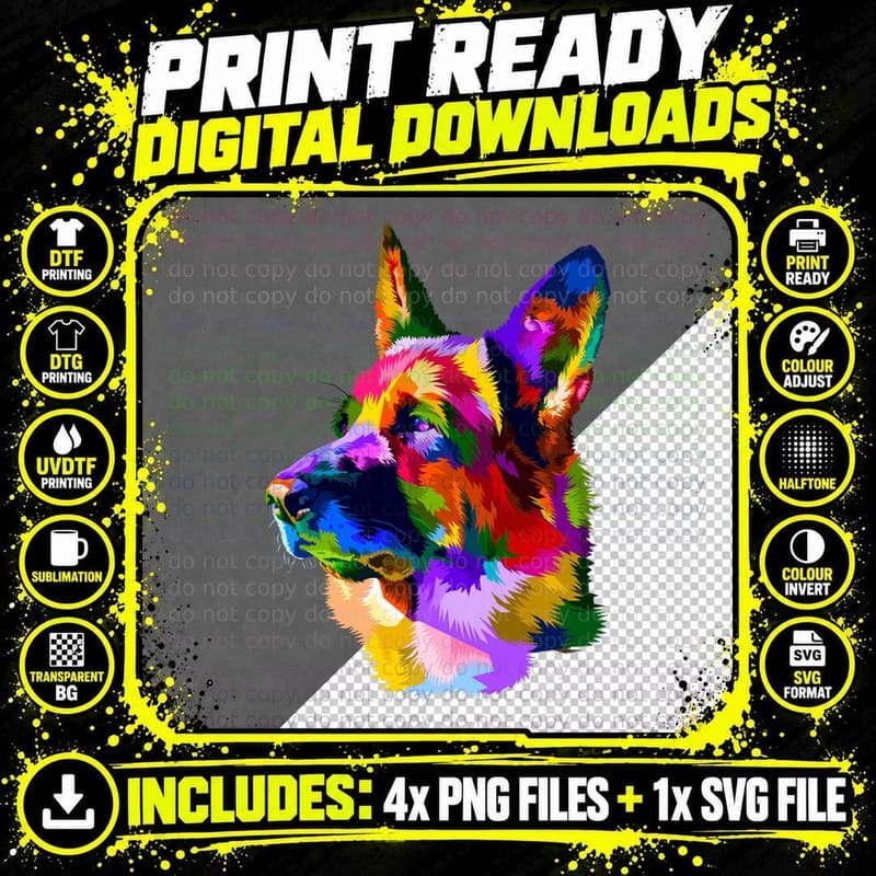 Colorful German Shepherd Tee, Pop Art Rainbow Portrait Png SVG Digital Bundle