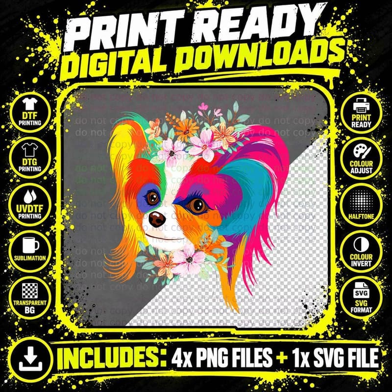 Colorful Papillon Artwork - Dog Breeder Animal Lover Png SVG Digital Bundle