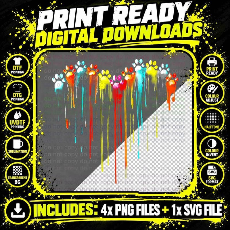 Colorful Paw Print Heart Tee, Dripping Paint Splatter Png SVG Digital Bundle