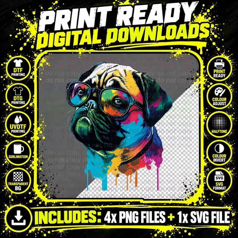 Colorful Pug Artwork - Dog Owner Pet Trainer Animal Png SVG Digital Bundle