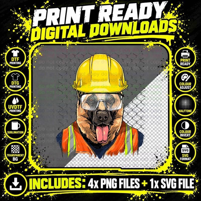 Construction Worker German Shepherd Laborer Pet Dog Png SVG Digital Bundle