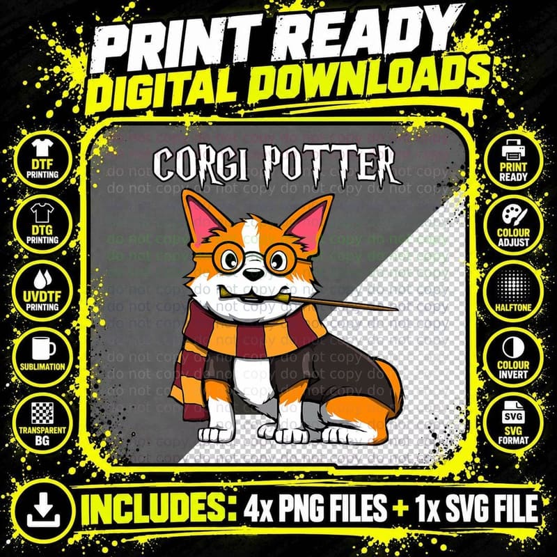 Corgi Potter Wizard Tee, Cute Pawter Scarf and Wand Png SVG Digital Bundle