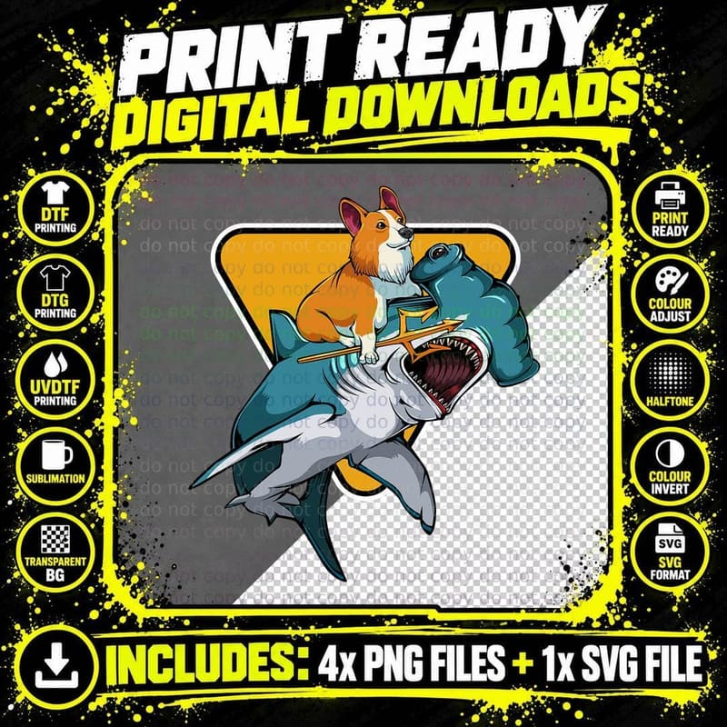 Corgi Riding Hammerhead Shark T-Shirt, Pet Lover Apparel Png SVG Digital Bundle