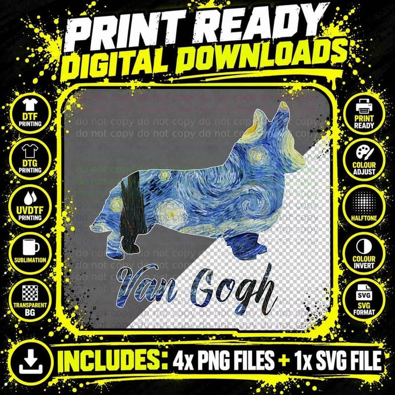 Corgi Van Gogh Starry Night Dog Art Van Gogh Painting Png SVG Digital Bundle