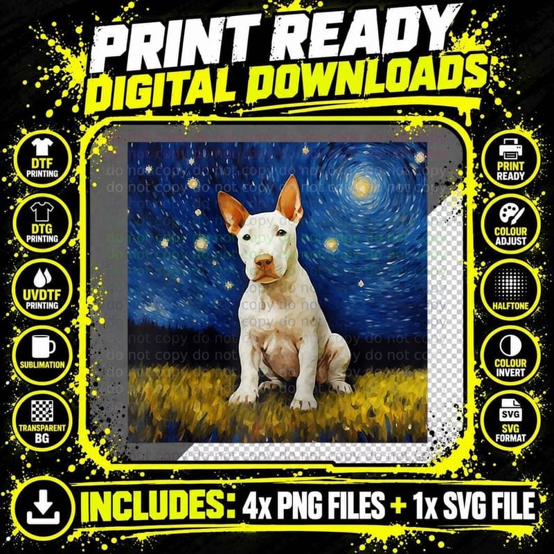 Cute Bull Terrier Dog in a Starry Sky Night Painting Png SVG Digital Bundle