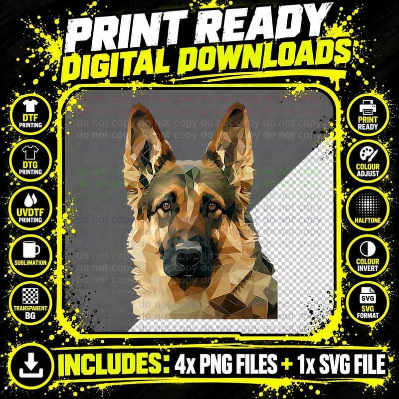 Cute German Shepherd Polygon Poly Art Dog Dad Mom Lover Png SVG Digital Bundle