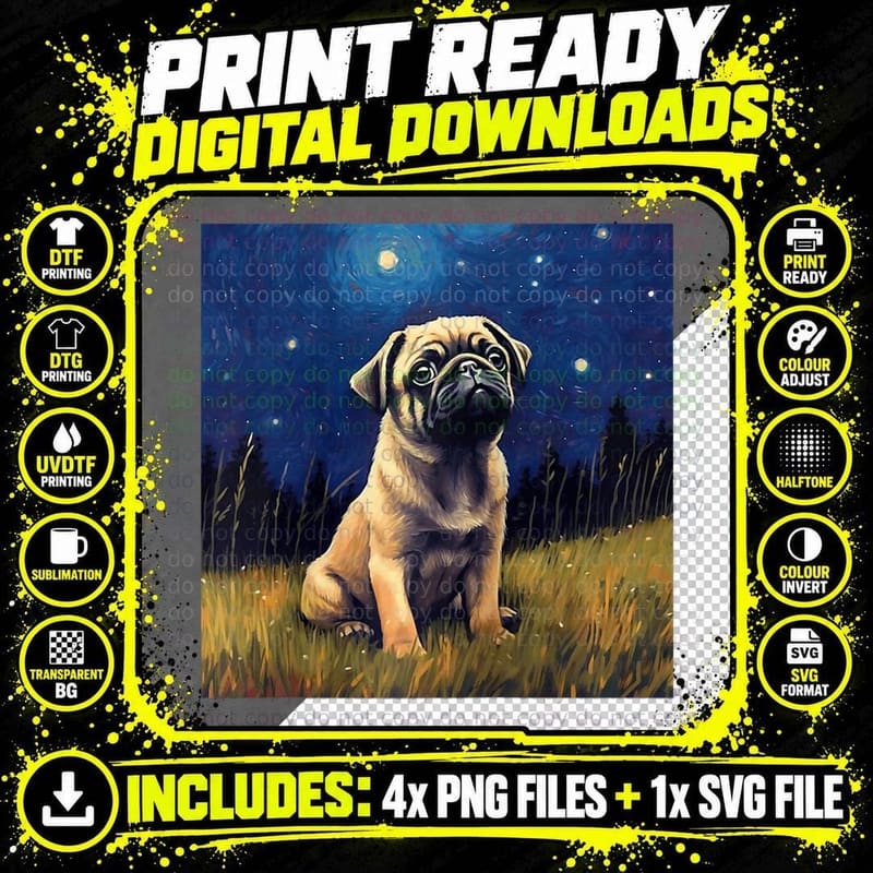 Cute Pug in a Starry Sky Night Dog Painting T-Shirt Png SVG Digital Bundle