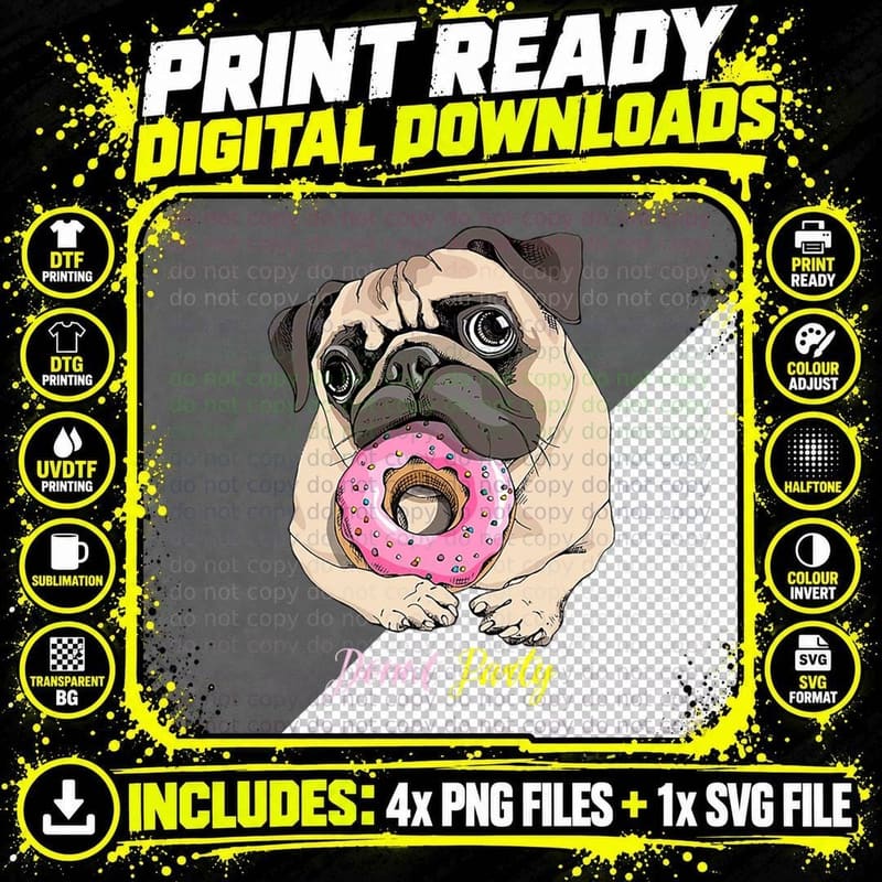 Cute and Funny Dog, Cute Pug with Donut T-Shirt Png SVG Digital Bundle