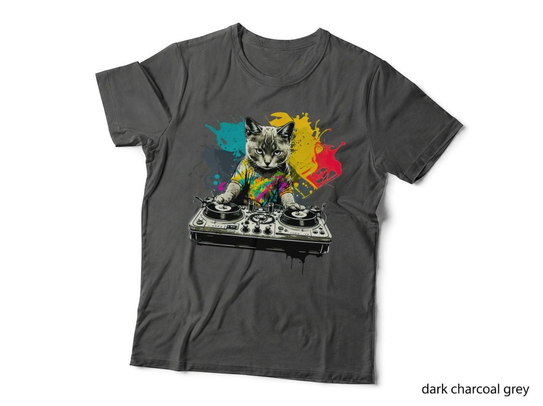 DJ Cat on Turntables, Paint Splatter Colourful House Music Tee