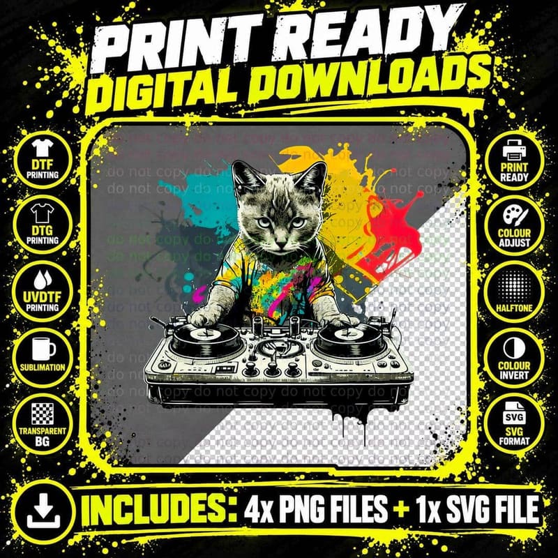 DJ Cat on Turntables, Paint Splatter Colourful House Png SVG Digital Bundle