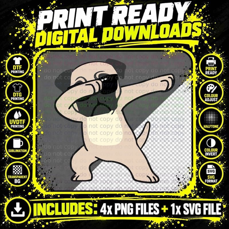 Dabbing Pug, Cute Funny Dog Dab T-Shirt Png SVG Digital Bundle