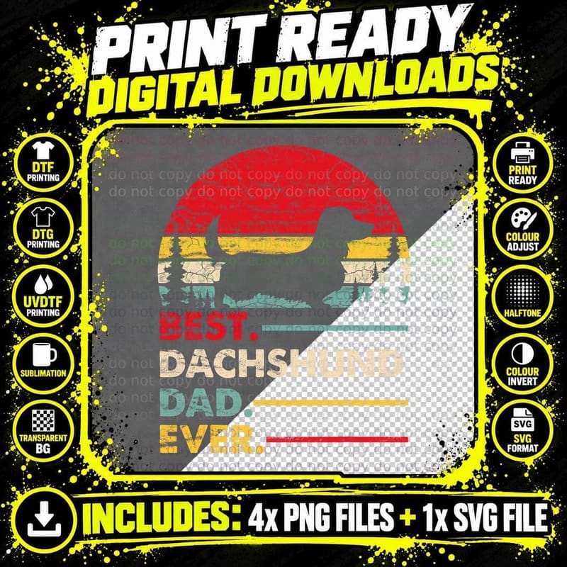 Dachshund Long Haired Best Dad Ever Dog Vintage Retro Png SVG Digital Bundle
