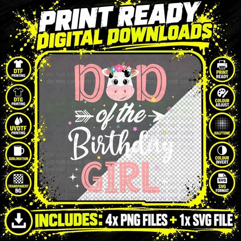 Dad of the Birthday Girl Cow Farm Birthday Party T-Shirt Png SVG Digital Bundle