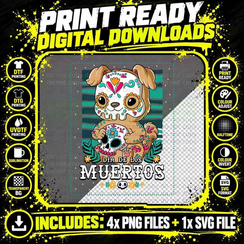 Dia De Los Muertos Dog T-Shirt Png SVG Digital Bundle