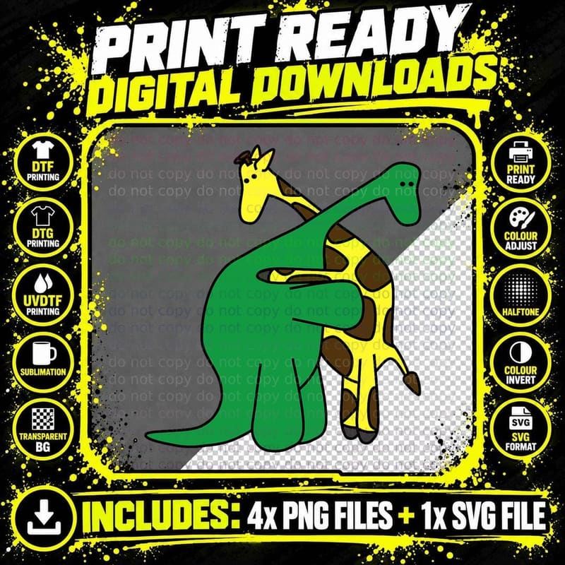 Dinosaur Hugging Giraffe T-Shirt, Funny Animal Art Png SVG Digital Bundle