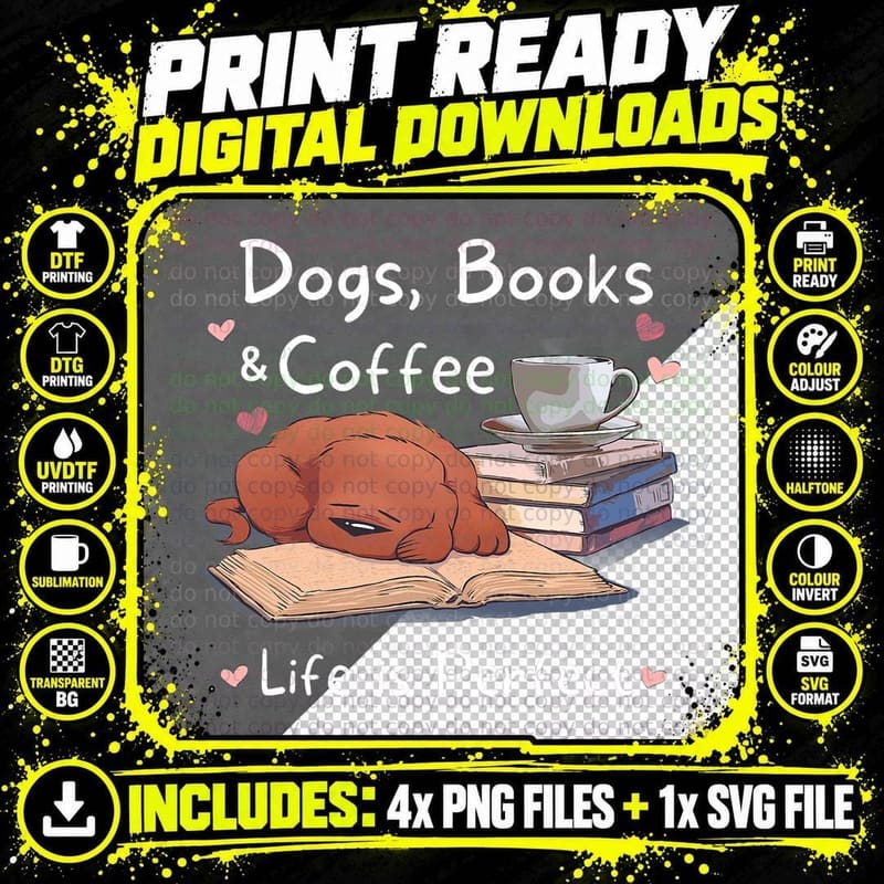 Dog Mom Dad Dogs Books Coffee Men's T-Shirt Png SVG Digital Bundle