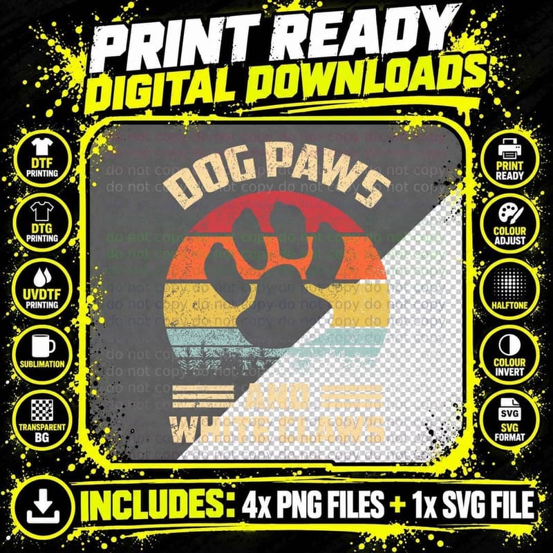 Dog Paws and Hard Seltzer T-Shirt, Retro Vintage Style Png SVG Digital Bundle