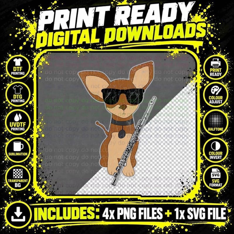 Dog Playing Flute Funny Flutes Player Flutist Music Png SVG Digital Bundle