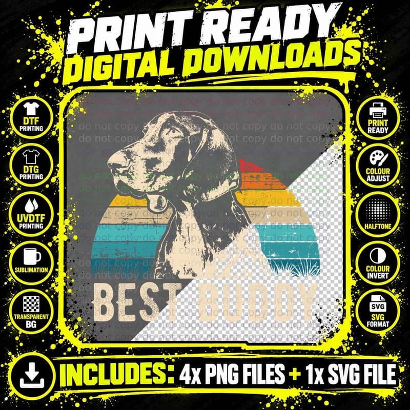 Dog Silhouette T-Shirt, Vintage Rainbow Print Png SVG Digital Bundle