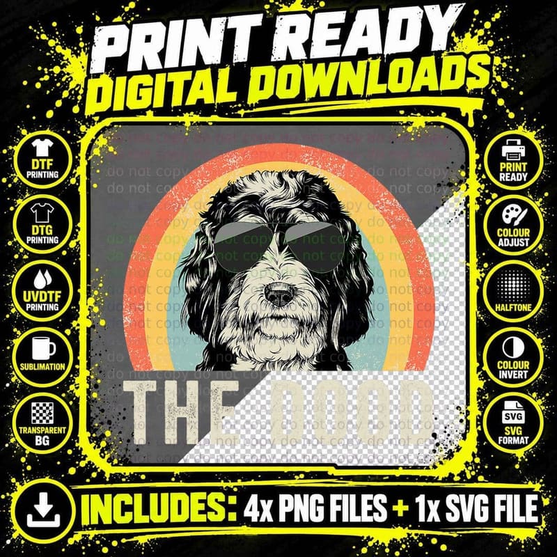 Dog with Sunglasses T-Shirt, Retro Style Png SVG Digital Bundle