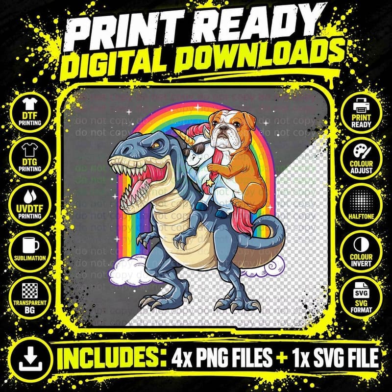 English Bulldog Unicorn Riding Dinosaur T Rex Gifts Png SVG Digital Bundle