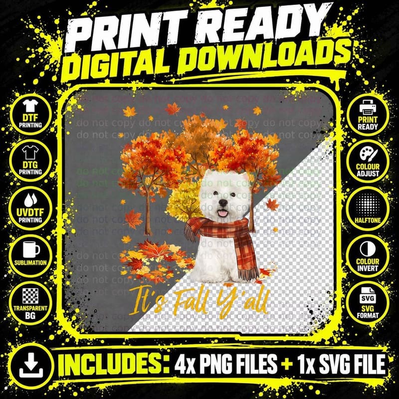 Fall Westie Dog T-Shirt, Autumn Leaves Print Png SVG Digital Bundle