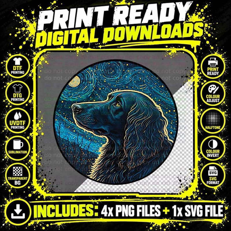 Flat Coated Retriever Starry Night Painting Dog Mom Dad Png SVG Digital Bundle