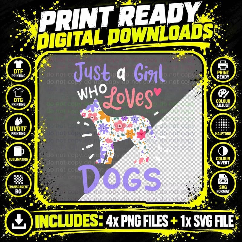 Floral Dog Silhouette, Just a Girl Who Loves Dogs Png SVG Digital Bundle