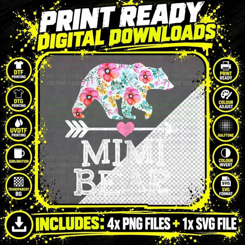 Floral Mimi Bear Mom Grandma T-Shirt, Mommy Floral Print Png SVG Digital Bundle