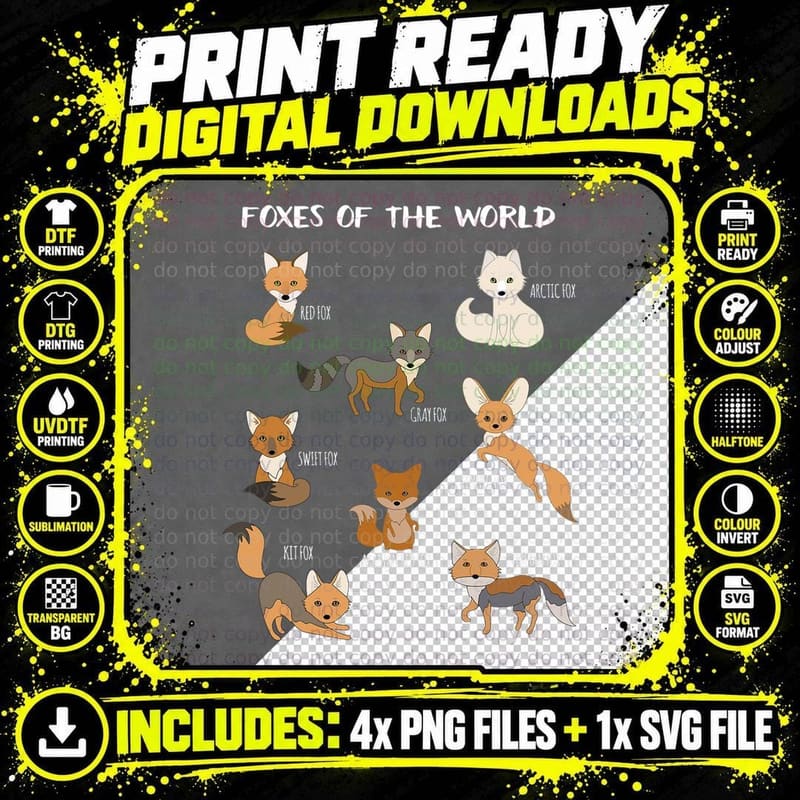 Foxes of the World Chart, Cute Cartoon Fox Species Png SVG Digital Bundle