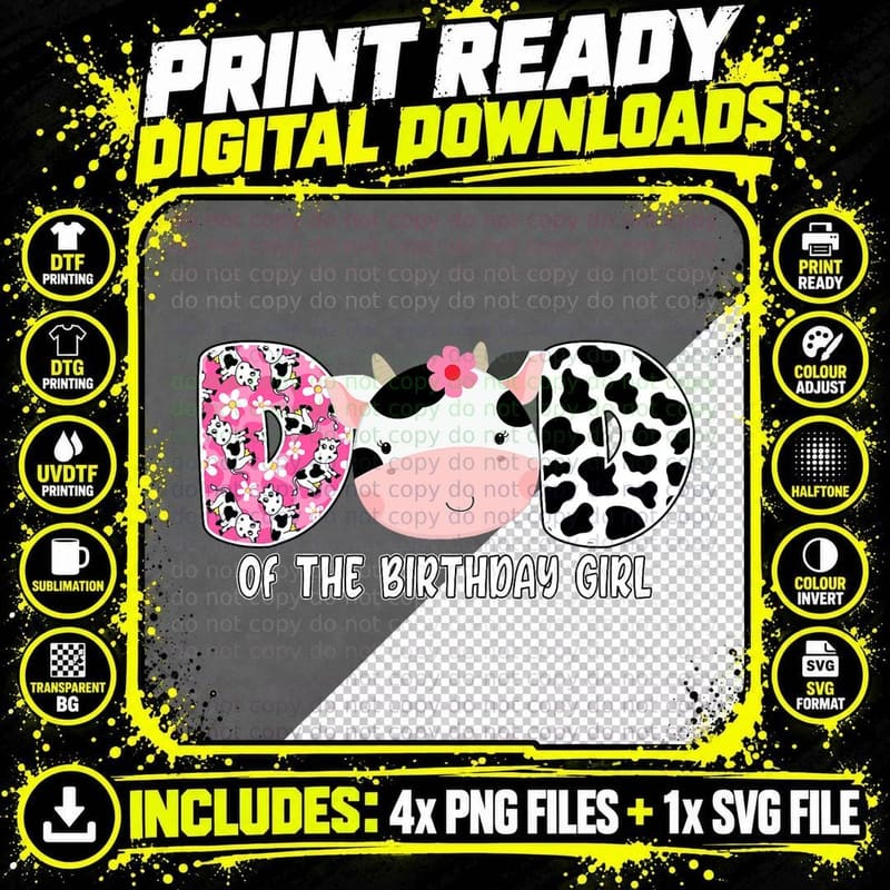 Funny Cow Dad of the Birthday Girl T-Shirt Png SVG Digital Bundle