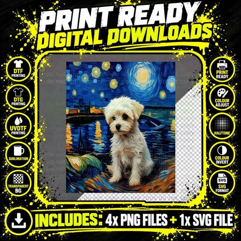Funny Dog Art Painting Dog Lover Starry Night Dog Van Png SVG Digital Bundle