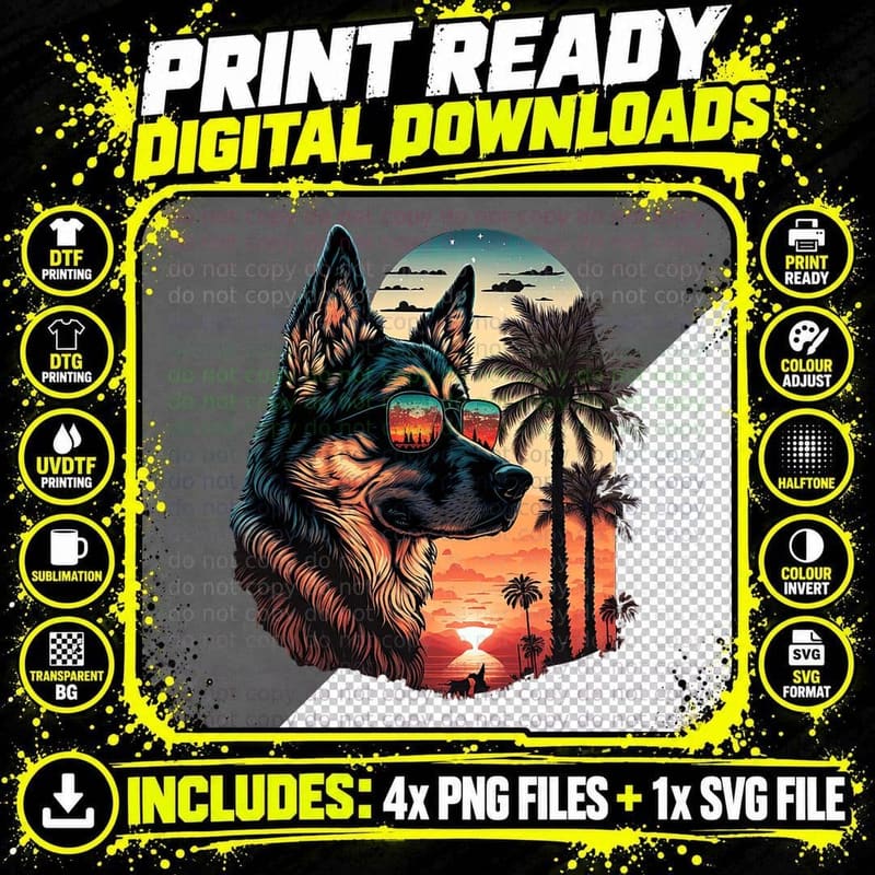 Funny German Shepherd Dog Retro Sunglasses Sunset Png SVG Digital Bundle