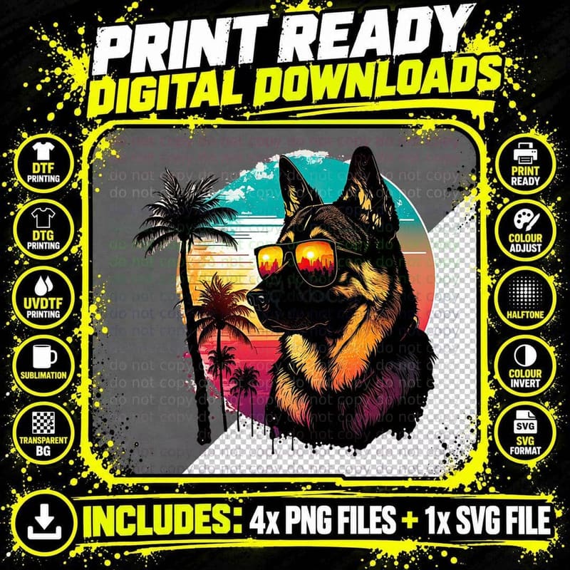 Funny German Shepherd Dog Sunglasses Sunset Vintage Png SVG Digital Bundle