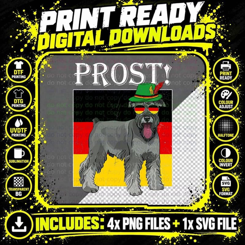 Funny Prost Lederhosen Schnauzer Dog German Flag Png SVG Digital Bundle