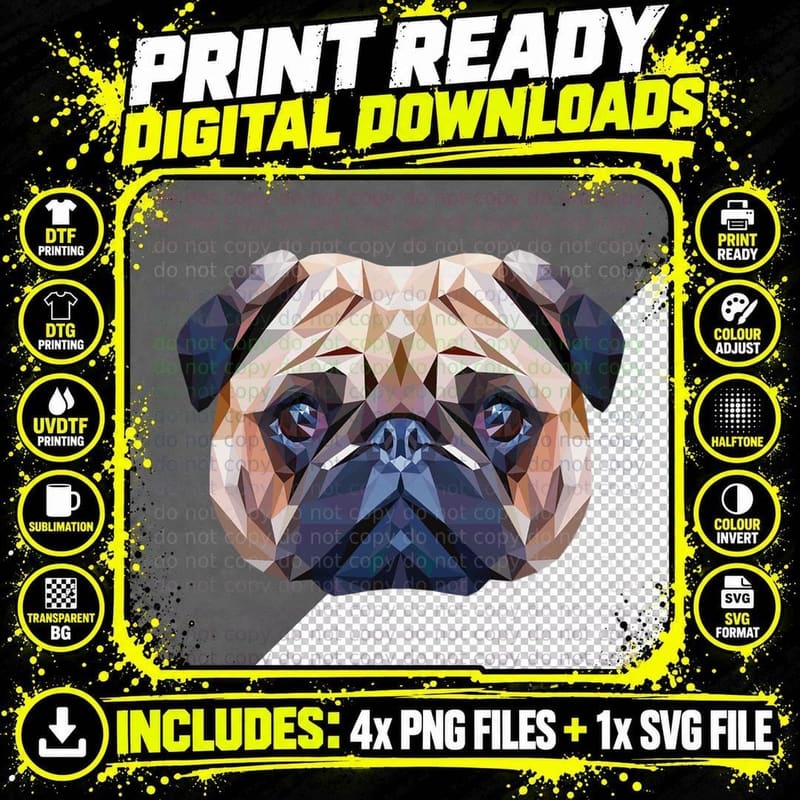 Funny Pug Polygon Dog Head Pet T-Shirt Png SVG Digital Bundle