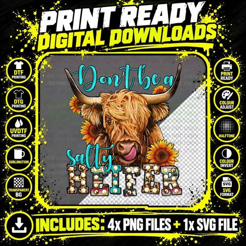 Funny Sunflower Highland Cow T-Shirt Png SVG Digital Bundle