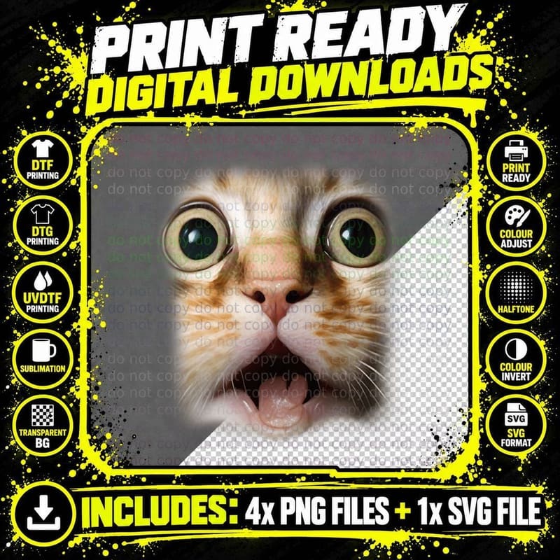 Funny Surprised Cat Face Meme T-Shirt, Animal Print Png SVG Digital Bundle