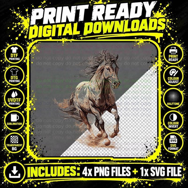 Galloping Horse Splash Art Tee, Wild Mane in Motion Png SVG Digital Bundle