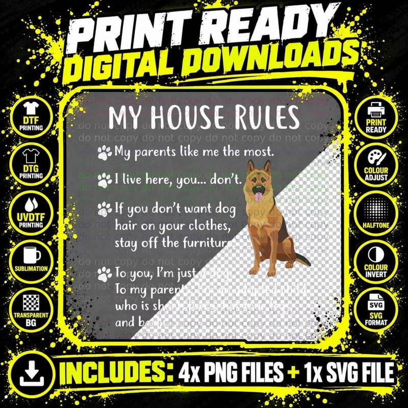 German Shepherd Apparel, House Rules German Shepherd Dog Png SVG Digital Bundle