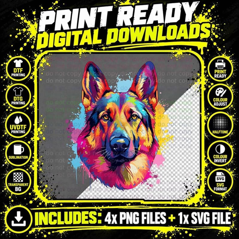 German Shepherd Colorful Dog Splash Art T-Shirt Png SVG Digital Bundle