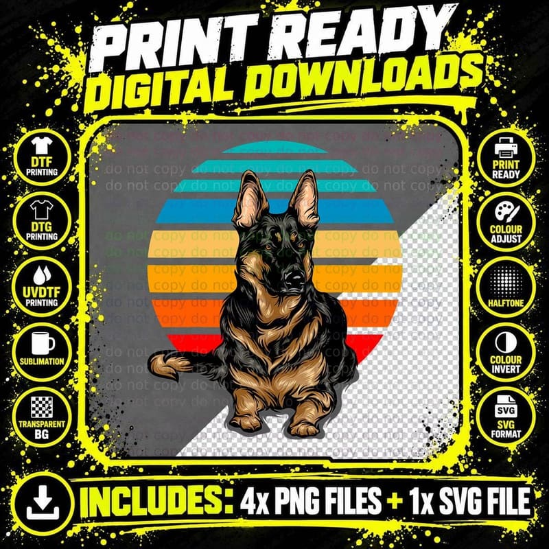 German Shepherd Dog Owner, Retro Style Sunset Shepherd Png SVG Digital Bundle