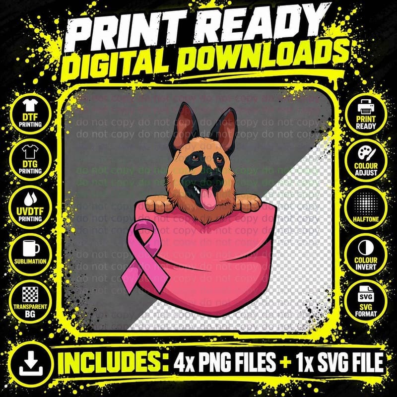 German Shepherd Pocket Breast Cancer Awareness Cute Dog Png SVG Digital Bundle