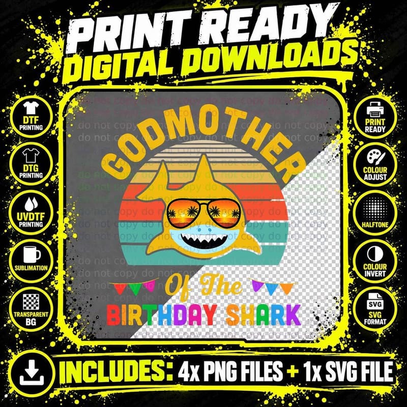 Godmother of the Shark Birthday T-Shirt, Family Matching Png SVG Digital Bundle