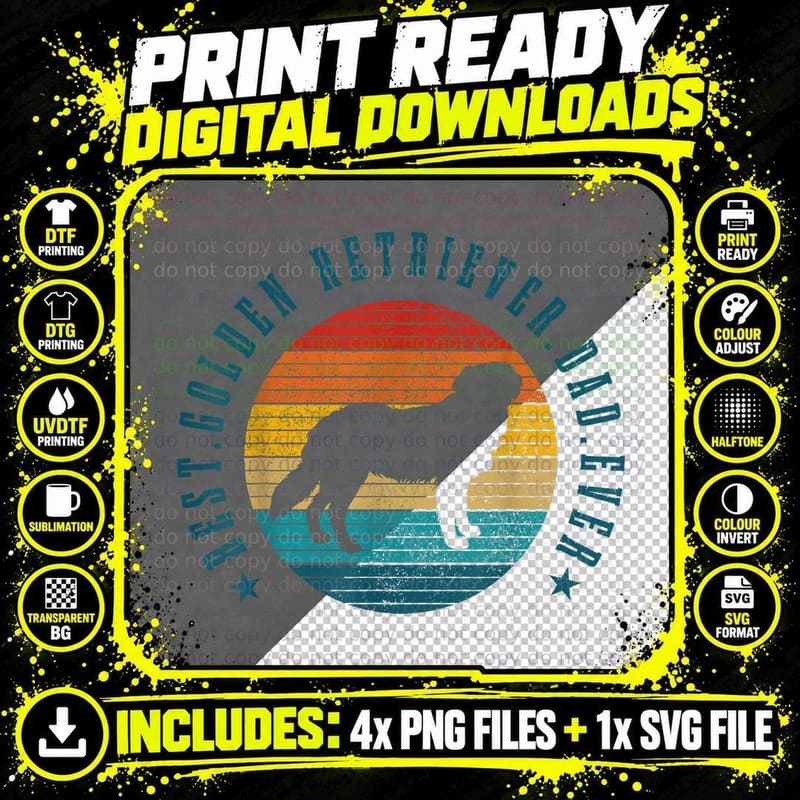 Golden Retriever Dad Vintage T-Shirt, Retro Dog Print Png SVG Digital Bundle