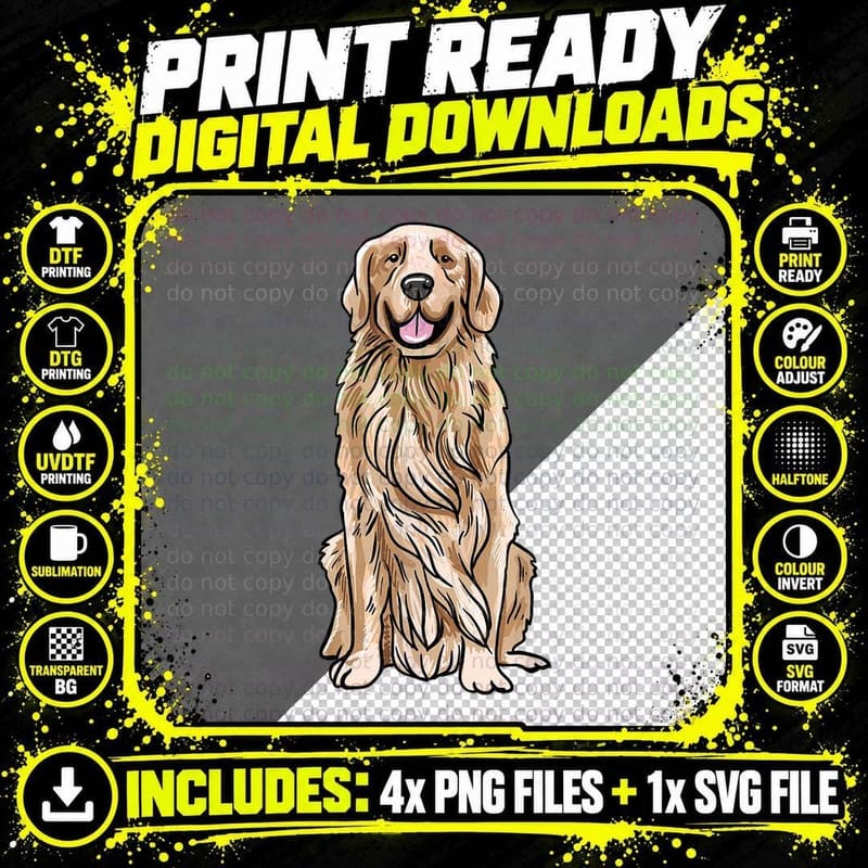 Golden Retriever Dog Illustration T-Shirt Png SVG Digital Bundle