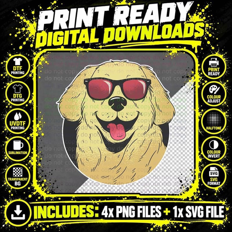 Golden Retriever Sunglasses Summertime Stylish Dog Png SVG Digital Bundle