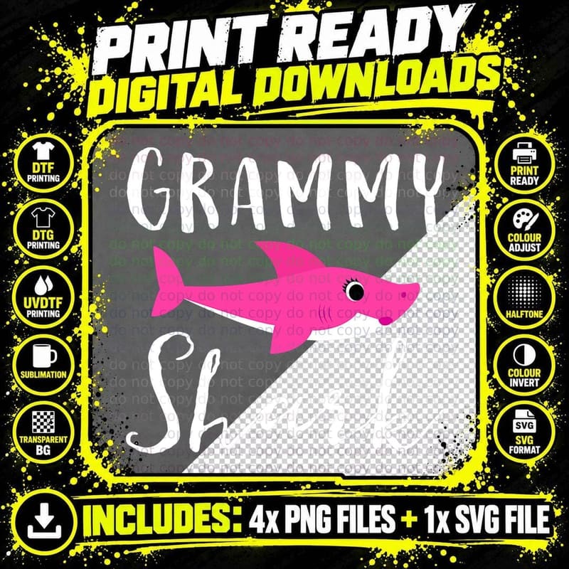 Grammy Shark Grandma Grandmother Pink Shark Graphic Png SVG Digital Bundle