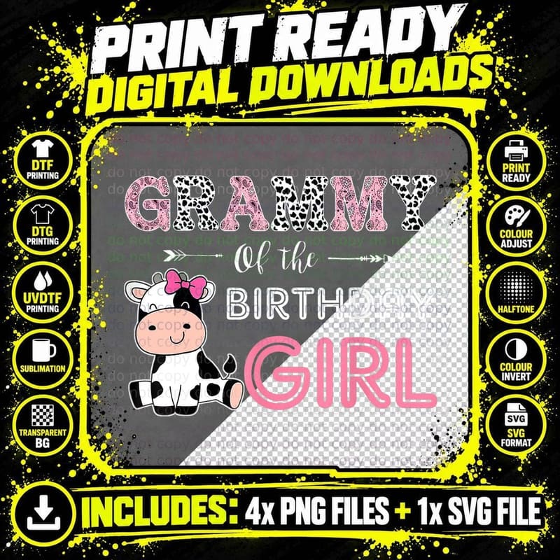 Grammy of the Birthday Girl Farm Cow Grandma T-Shirt Png SVG Digital Bundle