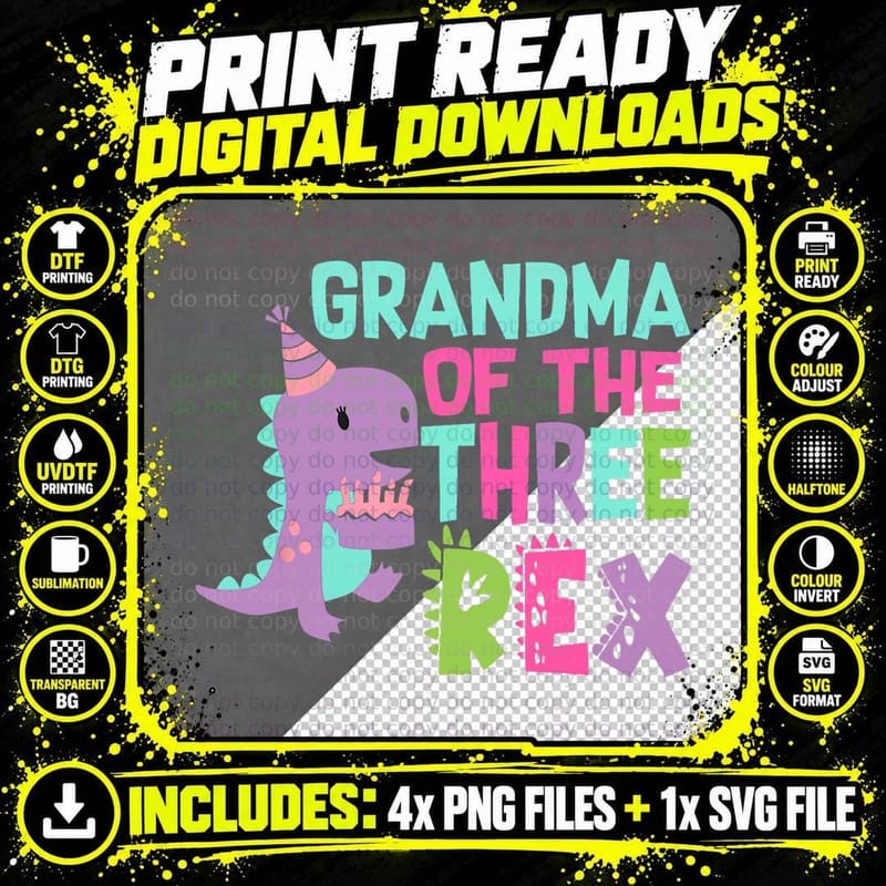 Grandma of the Three Rex Birthday T-Shirt Png SVG Digital Bundle